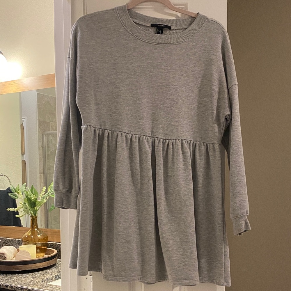 Forever 21 Gray Long Sleeve Peplum Sweatshirt Dress
